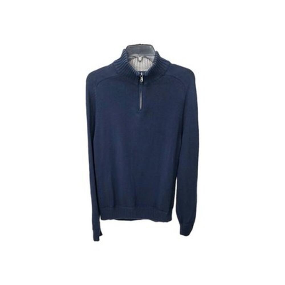 Lands End Sweater Mens SZ L Navy Blue Drifter Quarter Zip Pullover Cotton